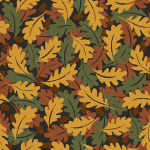 无缝模式。秋天的背景。绿色 棕色和黄色的橡树叶。它可以用于织物 壁纸 设计印刷和包装