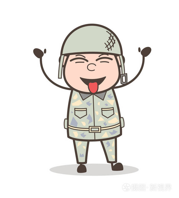 卡通漫画有趣的军队的人欢笑和戏弄舌头矢量图