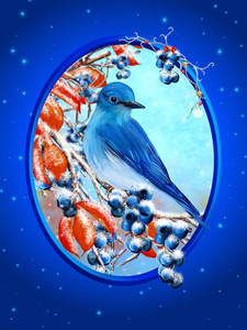 圣诞贺卡。冬天背景。小雀的小鸟坐在冰雪覆盖的一个分支，蓝色浆果，红叶