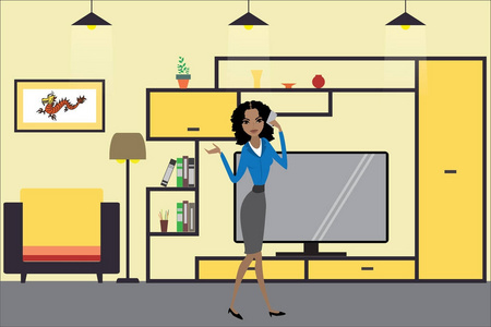 卡通图形客厅室内设计与家具,女人照片
