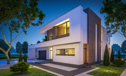 现代别墅夜间现代的房子在夜间的 3d 渲染照片