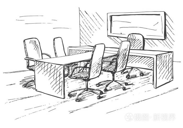 在素描风格的办公室.手绘办公家具.矢量图