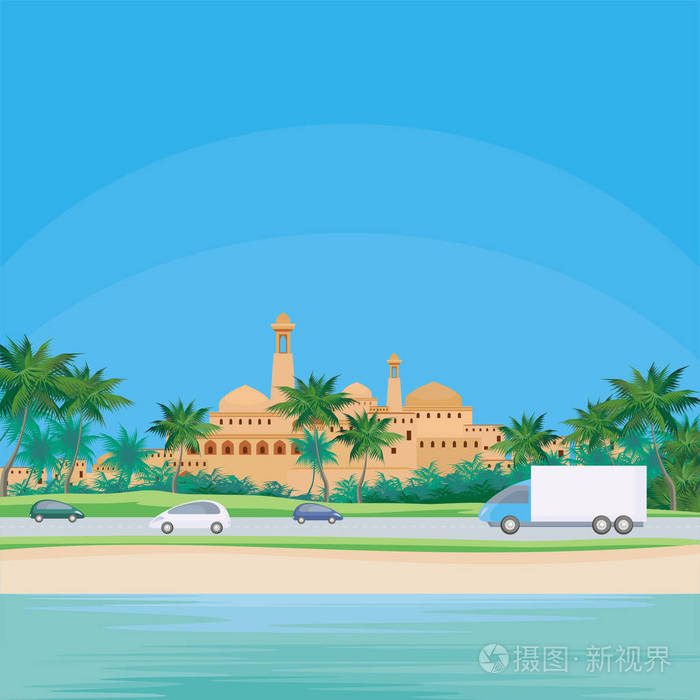 中东地区的海滨小镇插画-正版商用图片01tmde-摄图新视界