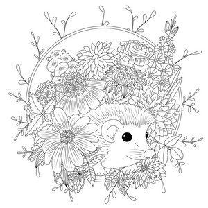 矢量图刺猬与鲜花.着色图书动物抗应激的成年人.黑色和白色照片