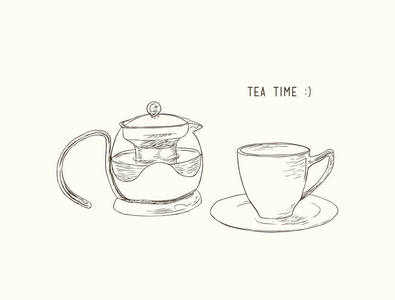 茶具 水壶 杯子，素描矢量