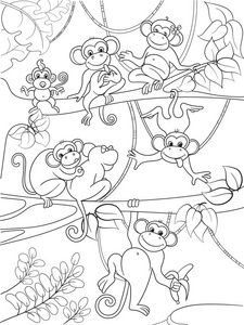 家族的着色书为儿童卡通矢量插画的一棵树上的猴子照片