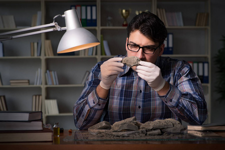 深夜家考古学家在室工作的深夜照片