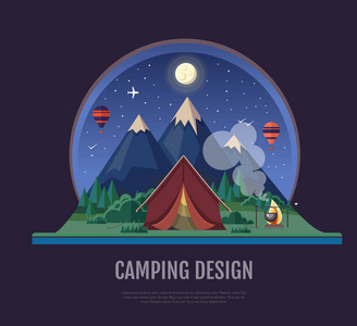 平面样式设计山景观和露营。夜景