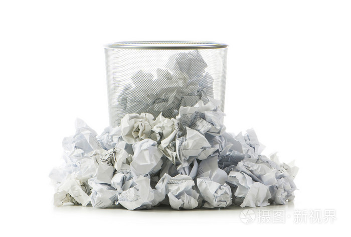 垃圾桶用纸浪费孤立上白