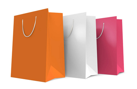 3 橙色 白色和粉色购物袋，3d 渲染的组