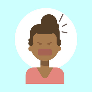 非洲裔美国女性尖叫情感配置文件图标，女人卡通肖像脸