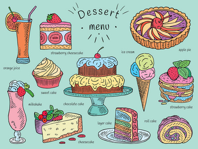 奶昔，草莓起司蛋糕，甜甜的蛋糕，甜点菜单