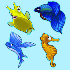 飞鱼, 海马和其他热带鱼类的蓝色背景。奇异深水特征向量系列