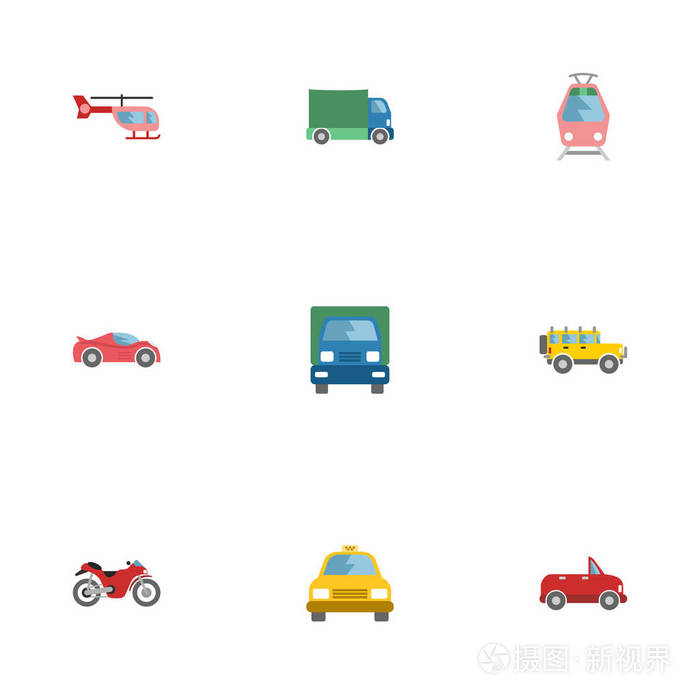 平面图标出租车 摩托车 有轨电车和其他向量元素。自动平图标符号集还包括客运，摩托车，直升机对象