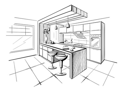 现代厨房与岛屿的内部剪影