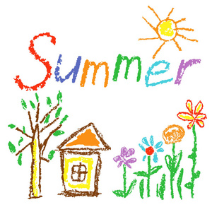 像孩子们的画的夏天背景与太阳 房子 树 花 草的蜡笔照片