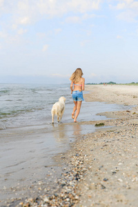 十几岁的女孩在清晨期间与她金毛的海滩沿岸运行