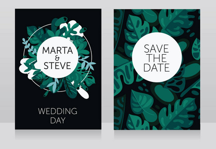 两个婚礼横幅框架形成热带树叶图片