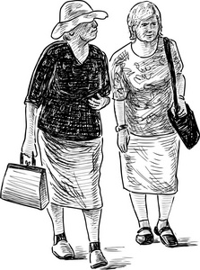 草绘的老年妇女在散步