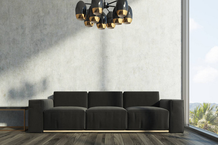 黑沙发混凝土的客厅里,黑沙发照片