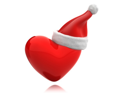 红色闪亮的心脏与圣诞老人帽子隔离