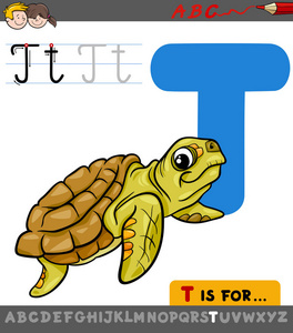 与卡通海龟动物字母 t