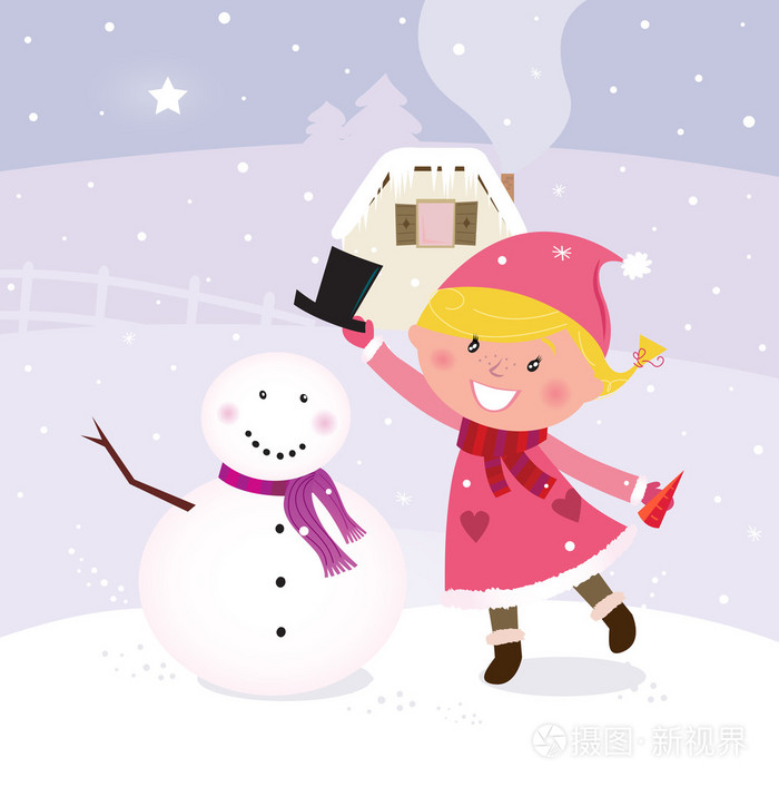 可爱的冬姑娘,圣诞粉红服装,堆雪人插画-正版商用图片01w1lz-摄图新