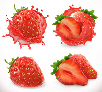 草莓汁。新鲜的水果，3d 现实矢量图标