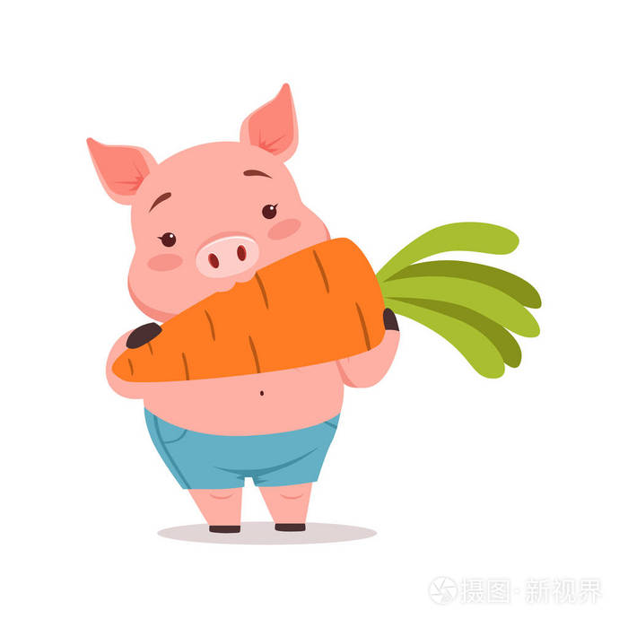 可爱的小猪吃胡萝卜,可爱的卡通动物矢量图