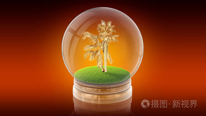 与里面的金棕榈的透明球体球。3d 渲染