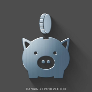 金属平银行 3d 图标。抛光的钢钱框与硬币在灰色的背景上。10，Eps 矢量