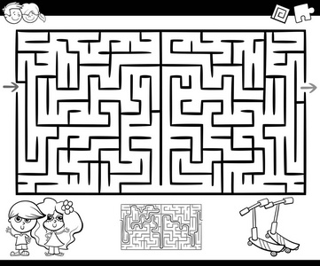 儿童滑板车图画着色的迷宫或迷宫活动照片