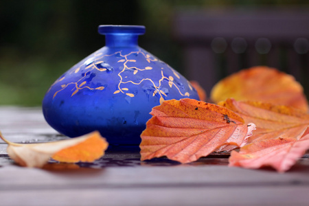 蓝色花瓶，秋天的装饰