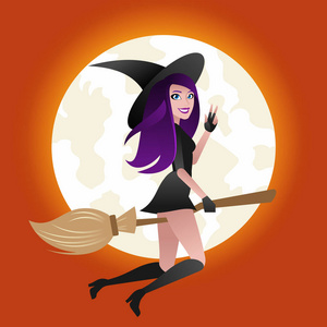 万圣节的概念，在满月浅色背景骑着扫帚飞行的女巫