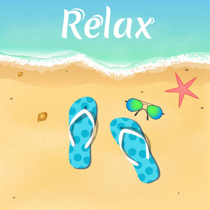 板岩 海星和海边的太阳镜。在夏季开放。在海滩上放松。矢量图