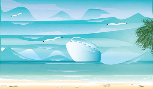 白色的游艇海波浪海鸥棕榈沙滩艺术创意抽象矢量图