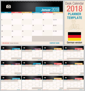 有用的台历 2018计划模板。格式水平矢量图片德语版
