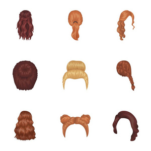 股四头肌 金发辫子和其他类型的发型。背部的发型在卡通风格矢量符号股票图 web 设置集合图标