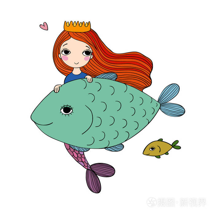 可爱的卡通美人鱼和鱼.警报器.海的主题.白色背景上的孤立的对象