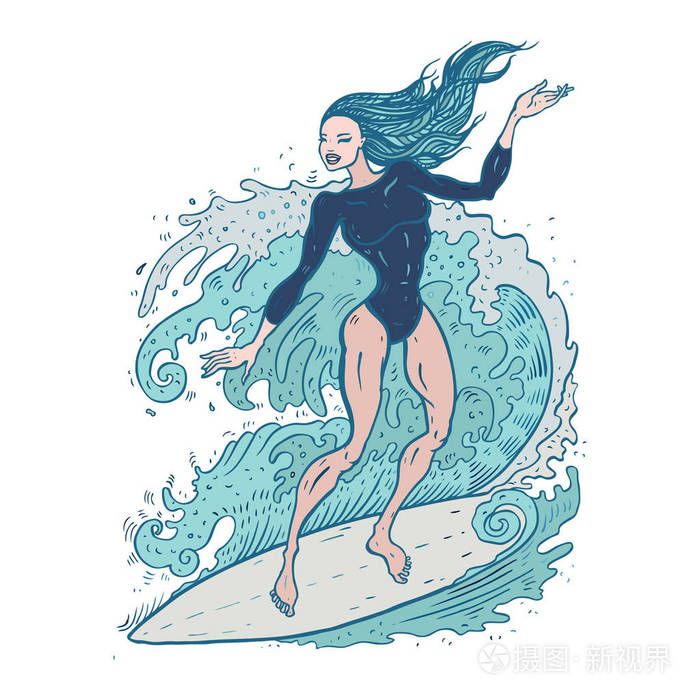 美丽的女人,在冲浪板上