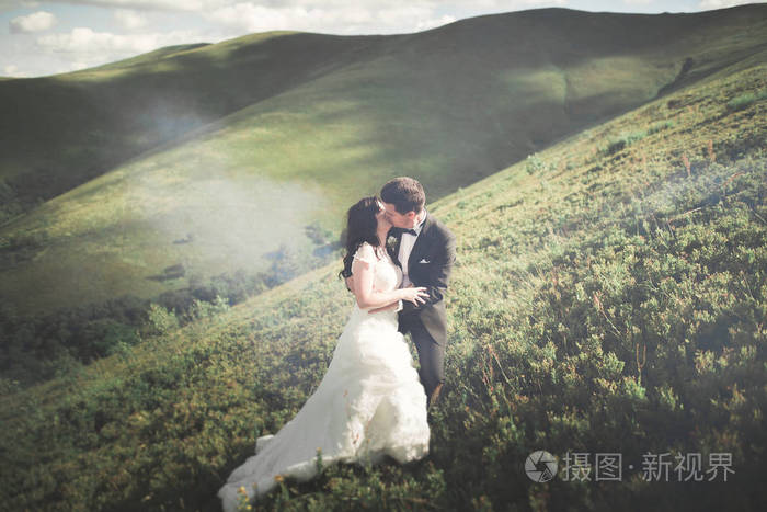 接吻的婚礼夫妇住在美丽的风景照片-正版商用图片01xqis-摄图新视界