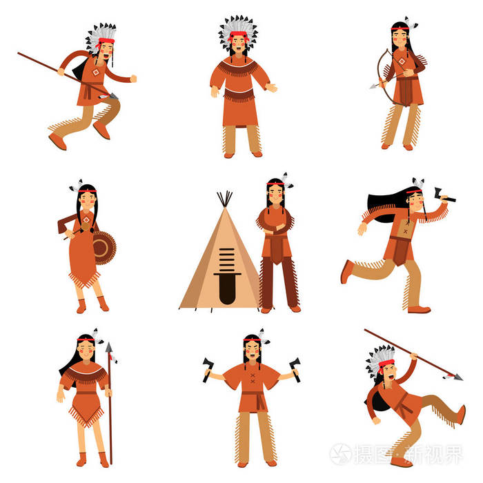 传统服饰与武器和其他文物的美国原住民印第安人文字详细彩色插图