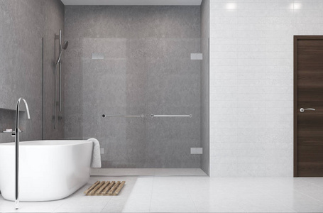 灰色浴室，白色的瓷砖，淋浴方