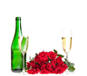 情人节玫瑰和香槟酒分离在白色