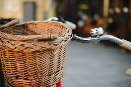 站在自行车公园在城市里提着篮子的旧复古自行车