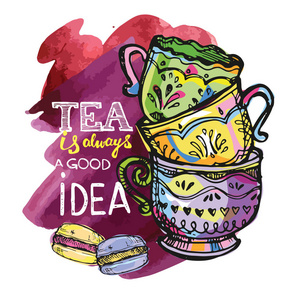 手画的涂鸦茶杯子蛋糕.矢量图照片