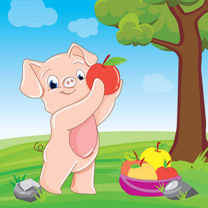 与苹果猪肉与苹果的小猪.插图照片