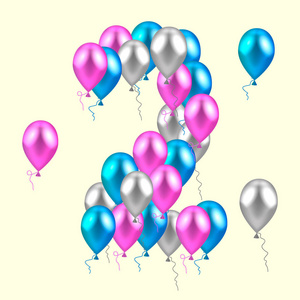 矢量图。现实的彩色气球飘上第二个生日