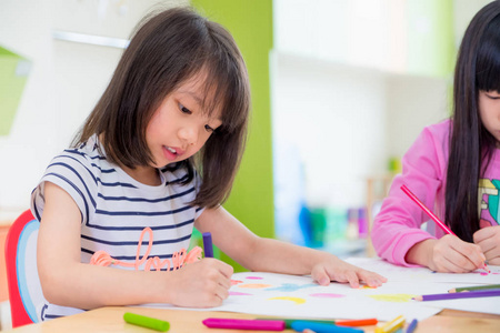 学龄前女孩孩子用彩色铅笔在白纸上 t 上绘图