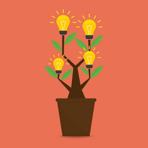 想法树与想法灯泡在花盆里。矢量插图业务概念设计